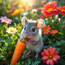 A small, cute mouse happily nibbling on a fresh, bright orange carrot in a lush, green garden