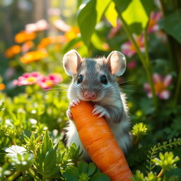 A small, cute mouse happily nibbling on a fresh, bright orange carrot in a lush, green garden