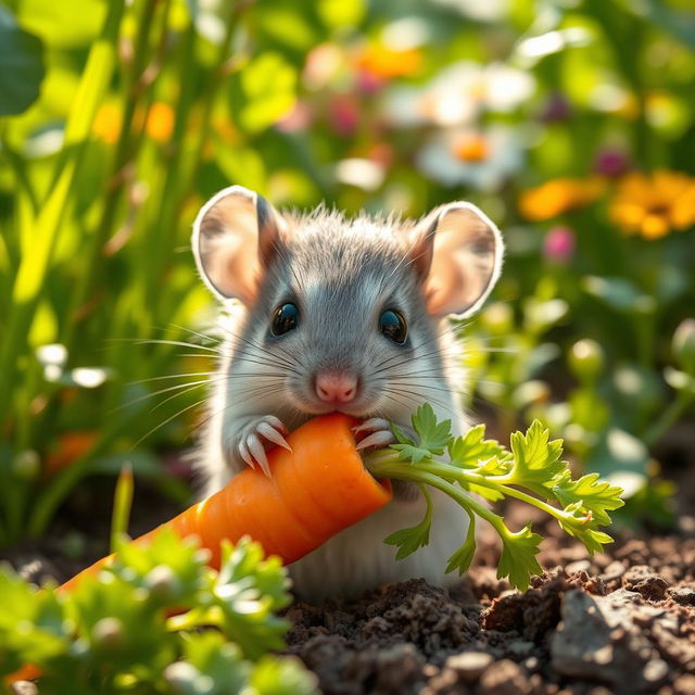A small, cute mouse happily nibbling on a fresh, bright orange carrot in a lush, green garden
