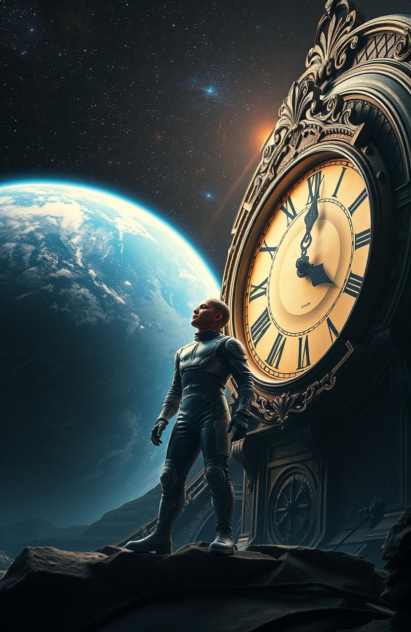 A striking scene set in outer space, with a beautiful view of Earth prominently placed on the left side
