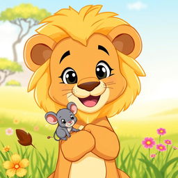 A cute, cartoon-style lion happily holding a small mouse in its paw