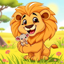A cute, cartoon-style lion happily holding a small mouse in its paw