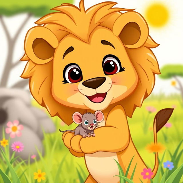 A cute, cartoon-style lion happily holding a small mouse in its paw