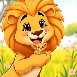A cute, cartoon-style lion happily holding a small mouse in its paw