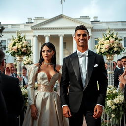 Billie Eilish and Cristiano Ronaldo in an elegant wedding ceremony at the White House, surrounded by beautiful floral arrangements and an opulent decor