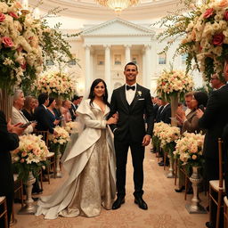 Billie Eilish and Cristiano Ronaldo in an elegant wedding ceremony at the White House, surrounded by beautiful floral arrangements and an opulent decor