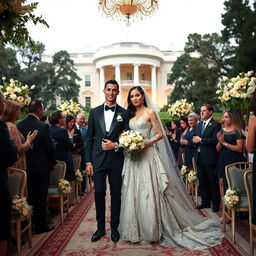 Billie Eilish and Cristiano Ronaldo in an elegant wedding ceremony at the White House, surrounded by beautiful floral arrangements and an opulent decor