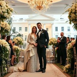 Billie Eilish and Cristiano Ronaldo in an elegant wedding ceremony at the White House, surrounded by beautiful floral arrangements and an opulent decor