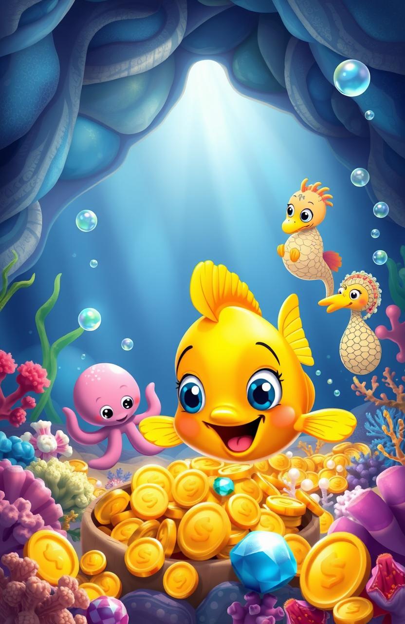 A vibrant underwater scene featuring Flippy, a golden fish, swimming excitedly as he discovers an underwater cave filled with hidden treasures like shimmering pearls, glimmering gold coins, and sparkling jewels