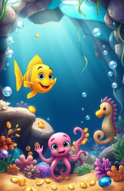 A vibrant underwater scene featuring Flippy, a golden fish, swimming excitedly as he discovers an underwater cave filled with hidden treasures like shimmering pearls, glimmering gold coins, and sparkling jewels