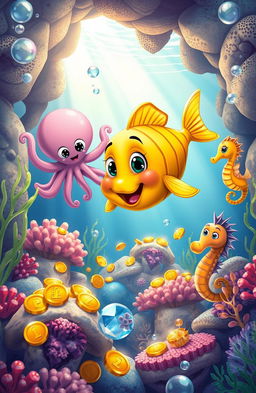 A vibrant underwater scene featuring Flippy, a golden fish, swimming excitedly as he discovers an underwater cave filled with hidden treasures like shimmering pearls, glimmering gold coins, and sparkling jewels