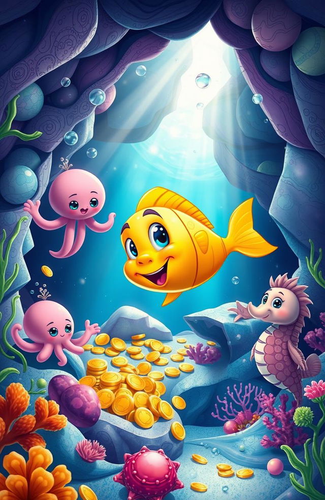 A vibrant underwater scene featuring Flippy, a golden fish, swimming excitedly as he discovers an underwater cave filled with hidden treasures like shimmering pearls, glimmering gold coins, and sparkling jewels