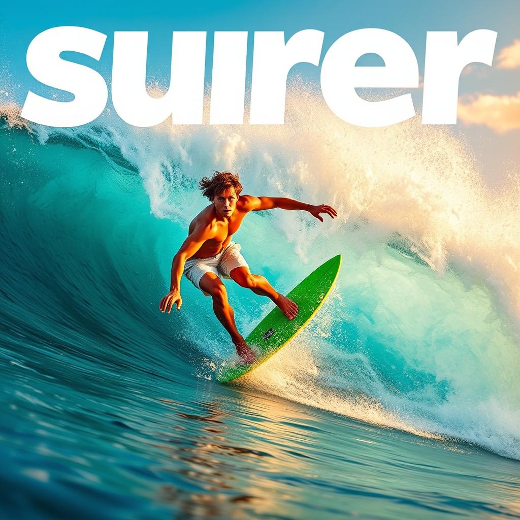 A dynamic scene of a surfer riding a massive wave, depicted in a thrilling moment perfect for an action sports magazine cover