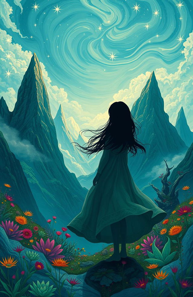 A faceless girl standing in a fantastical mountain landscape, surrounded by towering peaks and colorful mystical plants