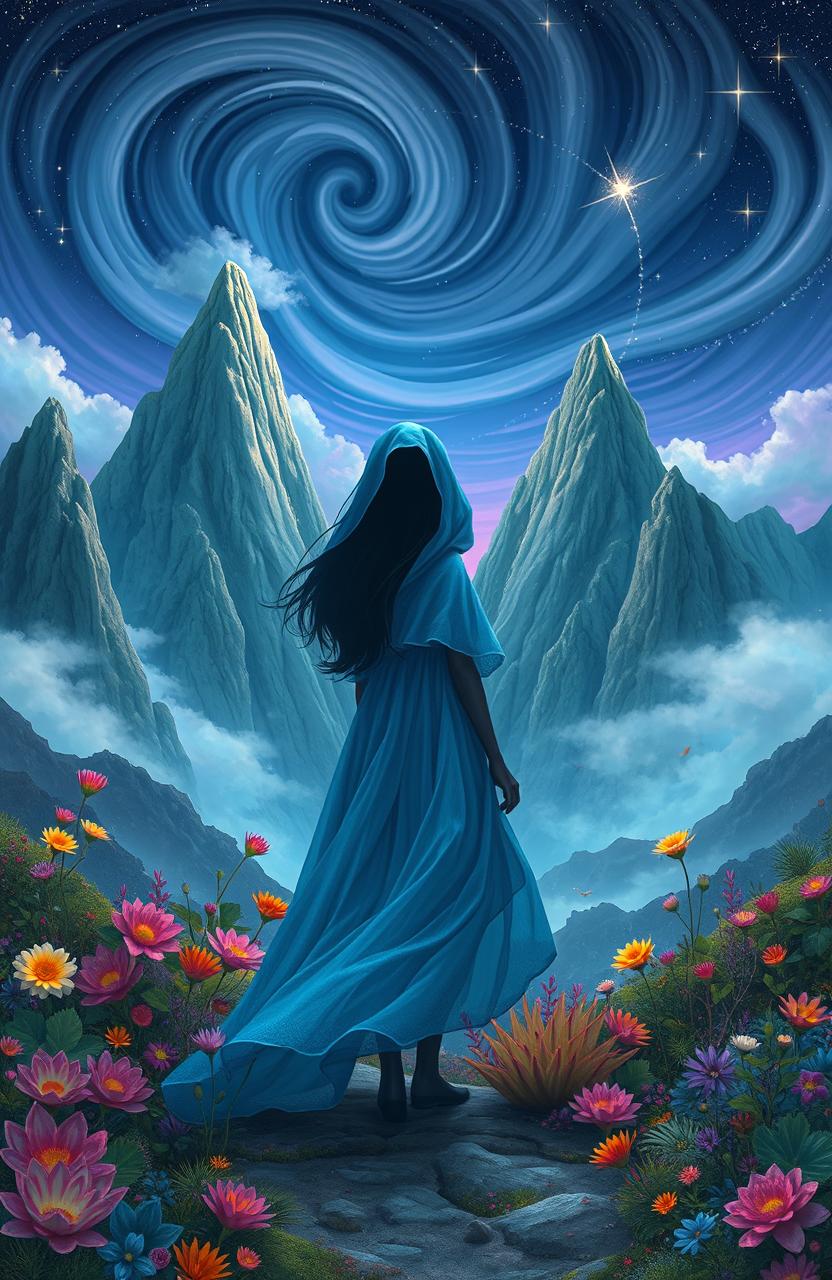 A faceless girl standing in a fantastical mountain landscape, surrounded by towering peaks and colorful mystical plants