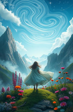 A faceless girl standing in a fantastical mountain landscape, surrounded by towering peaks and colorful mystical plants