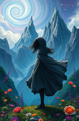 A faceless girl standing in a fantastical mountain landscape, surrounded by towering peaks and colorful mystical plants