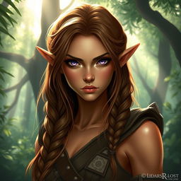 A female elf rogue character depicted with a serious expression, standing amidst a mystical forest