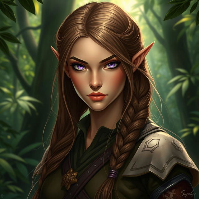 A female elf rogue character depicted with a serious expression, standing amidst a mystical forest