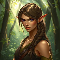 A female elf rogue character depicted with a serious expression, standing amidst a mystical forest