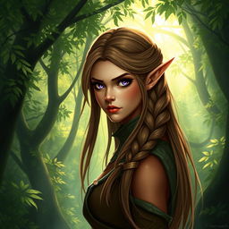 A female elf rogue character depicted with a serious expression, standing amidst a mystical forest