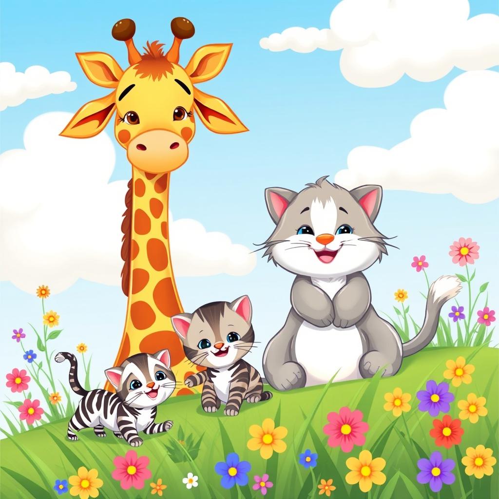 A colorful cartoon illustration featuring a cheerful mother giraffe and a loving mother cat