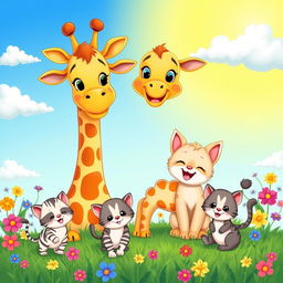 A colorful cartoon illustration featuring a cheerful mother giraffe and a loving mother cat