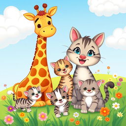 A colorful cartoon illustration featuring a cheerful mother giraffe and a loving mother cat
