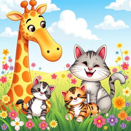 A colorful cartoon illustration featuring a cheerful mother giraffe and a loving mother cat