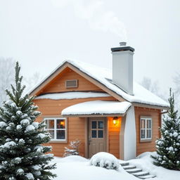 A cozy winter scene featuring a quaint small house with a white chimney