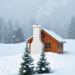 A cozy winter scene featuring a quaint small house with a white chimney