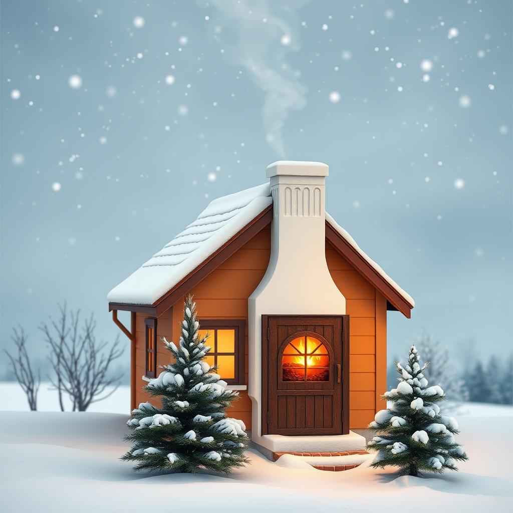 A cozy winter scene featuring a quaint small house with a white chimney