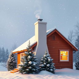 A cozy winter scene featuring a quaint small house with a white chimney