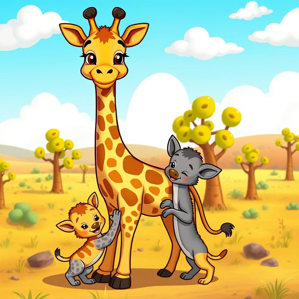 A colorful and playful cartoon scene featuring a mother giraffe and her two adorable kittens