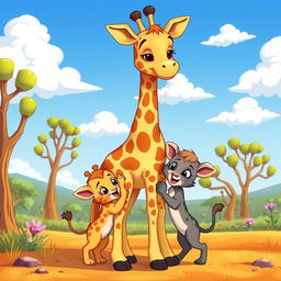 A colorful and playful cartoon scene featuring a mother giraffe and her two adorable kittens