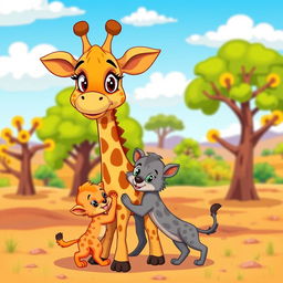 A colorful and playful cartoon scene featuring a mother giraffe and her two adorable kittens