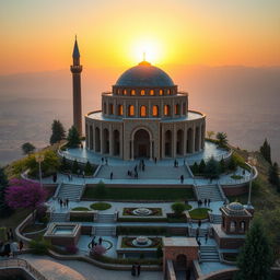 A religious monument designed in the Iranian Safavid architectural style, situated atop a hill
