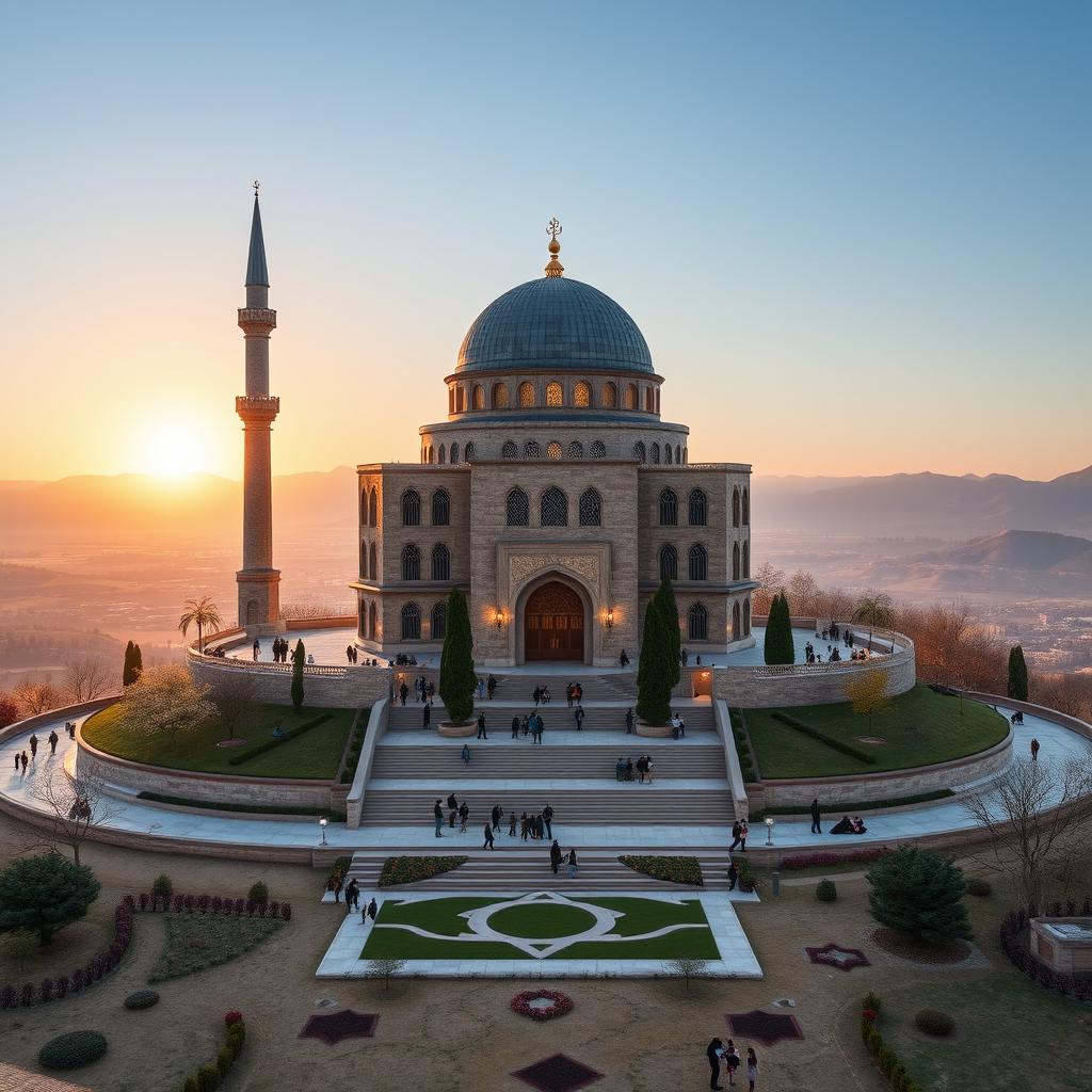 A religious monument designed in the Iranian Safavid architectural style, situated atop a hill