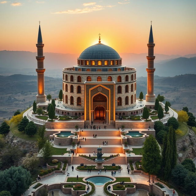 A religious monument designed in the Iranian Safavid architectural style, situated atop a hill