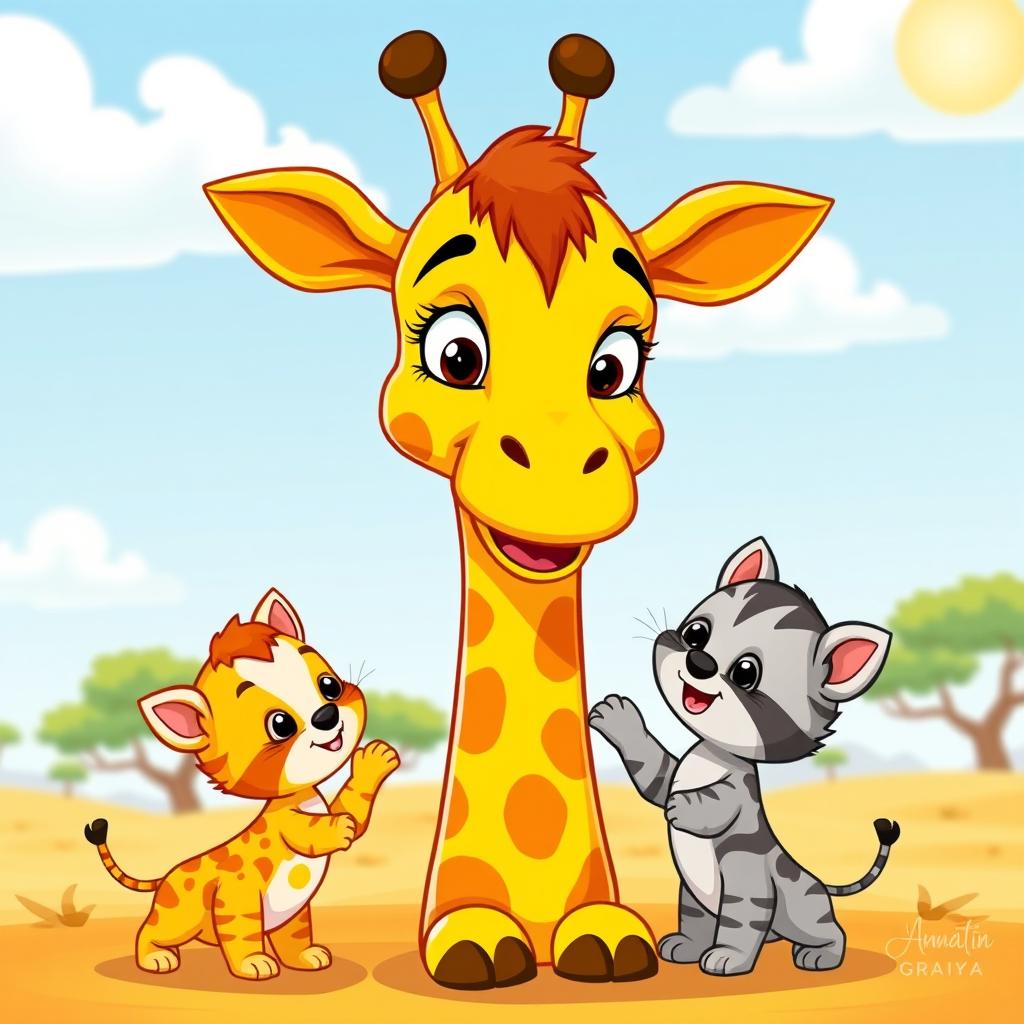 A cartoon scene featuring a loving mother giraffe interacting with her two playful kittens
