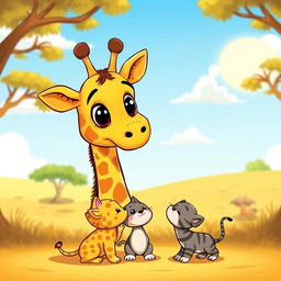 A cartoon scene featuring a loving mother giraffe interacting with her two playful kittens
