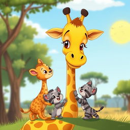 A cartoon scene featuring a loving mother giraffe interacting with her two playful kittens