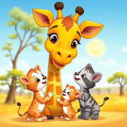 A cartoon scene featuring a loving mother giraffe interacting with her two playful kittens