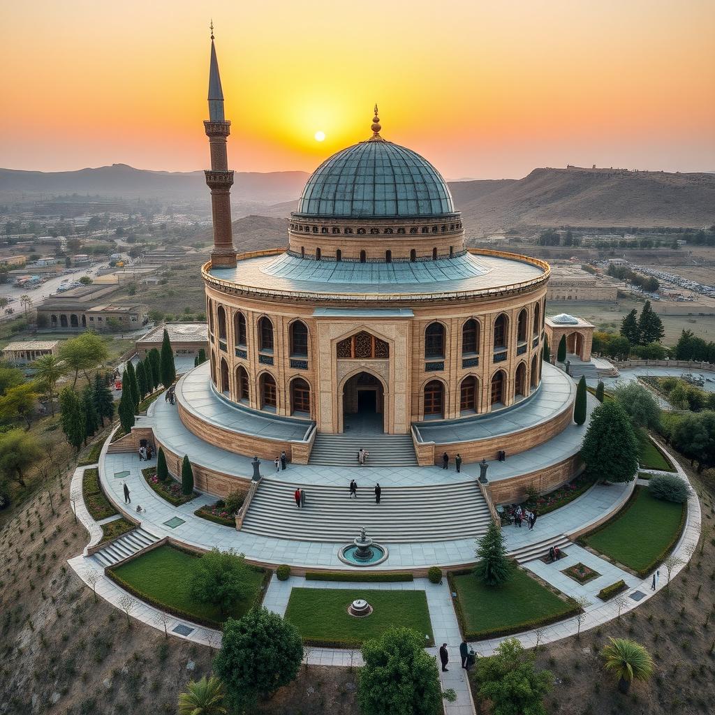 An Iranian architectural masterpiece from the Safavid era, featuring a circular cylindrical religious building on top of a hill