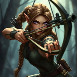 A female elf rogue character poised in a dynamic stance, holding a crossbow ready to aim