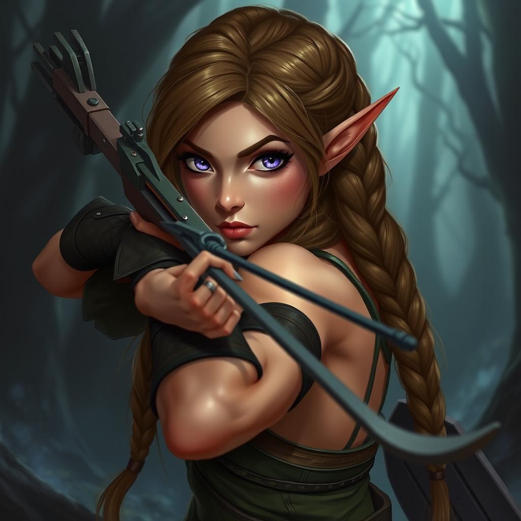 A female elf rogue character poised in a dynamic stance, holding a crossbow ready to aim