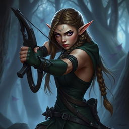 A female elf rogue character poised in a dynamic stance, holding a crossbow ready to aim