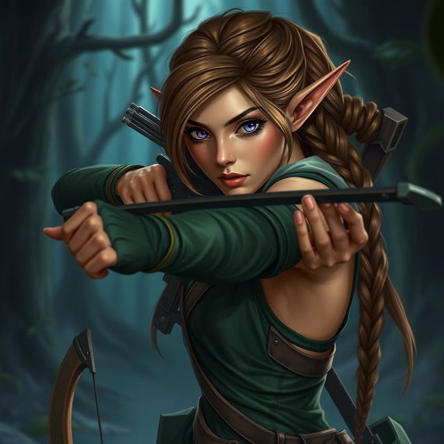 A female elf rogue character poised in a dynamic stance, holding a crossbow ready to aim