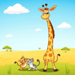 A cheerful cartoon scene featuring one tall and friendly giraffe with a big smile and two playful kittens