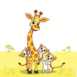 A cheerful cartoon scene featuring one tall and friendly giraffe with a big smile and two playful kittens